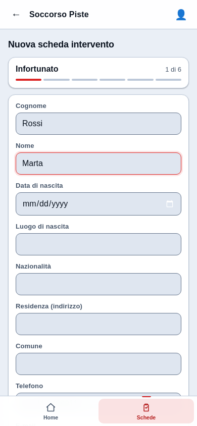 Passo 1: campi cognome, nome, data di nascita, luogo di nascita