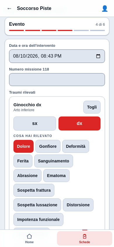 Trauma al ginocchio destro, con la scelta del lato e dei tipi di lesione