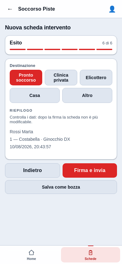 Ultimo passo: destinazione dell'infortunato e riepilogo della scheda, con i pulsanti Firma e invia e Salva come bozza