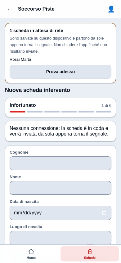 Avviso: una scheda in attesa di rete, salvata sul dispositivo, con il pulsante Prova adesso