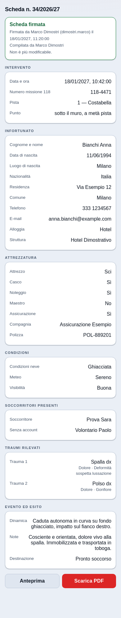 Dettaglio di una scheda firmata: intestazione con chi ha firmato e quando, poi intervento, infortunato, attrezzatura, condizioni, soccorritori presenti, traumi ed esito