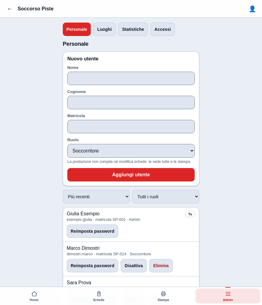 Pagina Personale: form per il nuovo utente, filtri, ed elenco delle persone con i pulsanti di gestione
